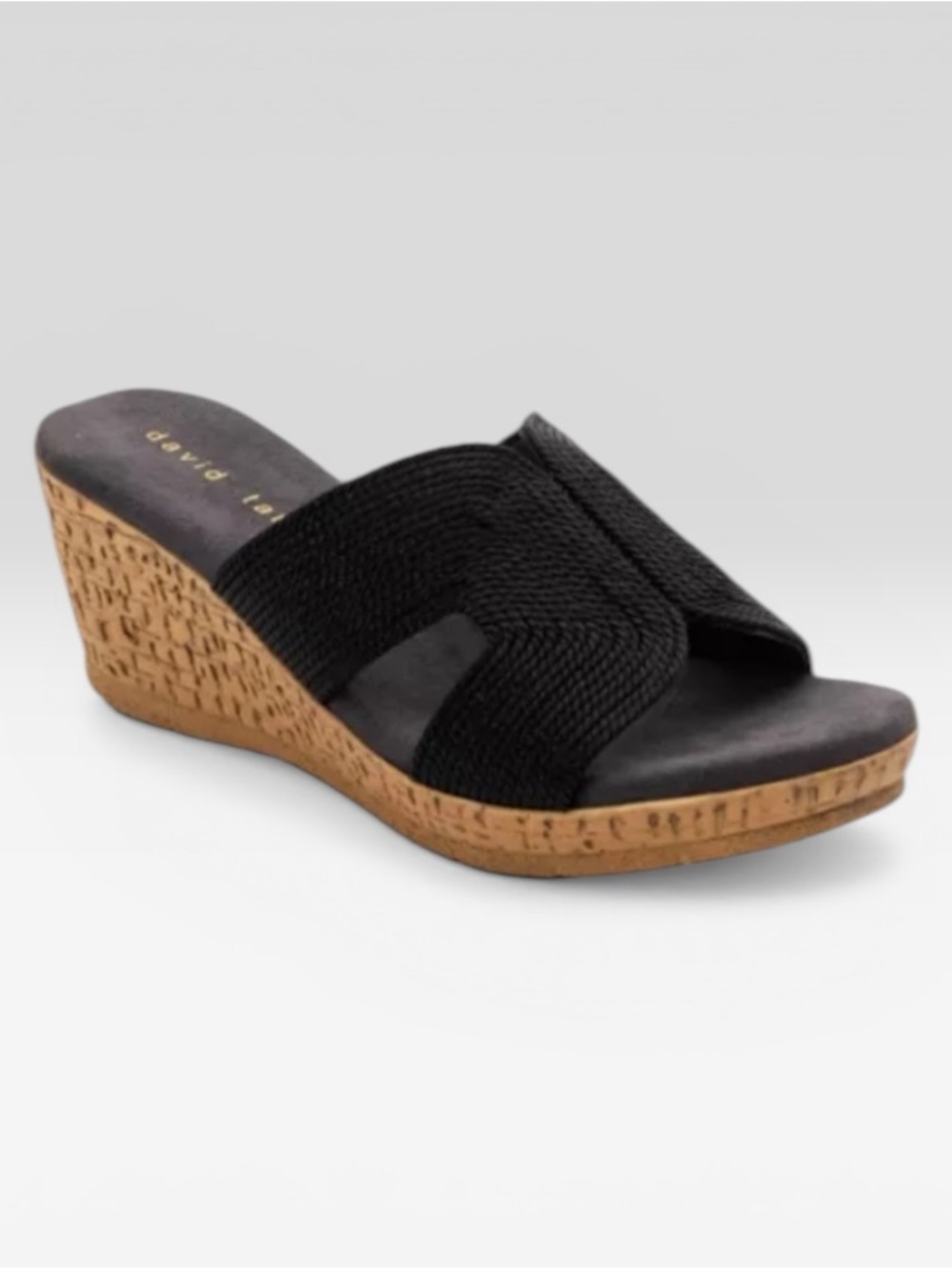 David Tate Vibe Black Woven Cork Wedge Slide Sandal, size 8 NEW